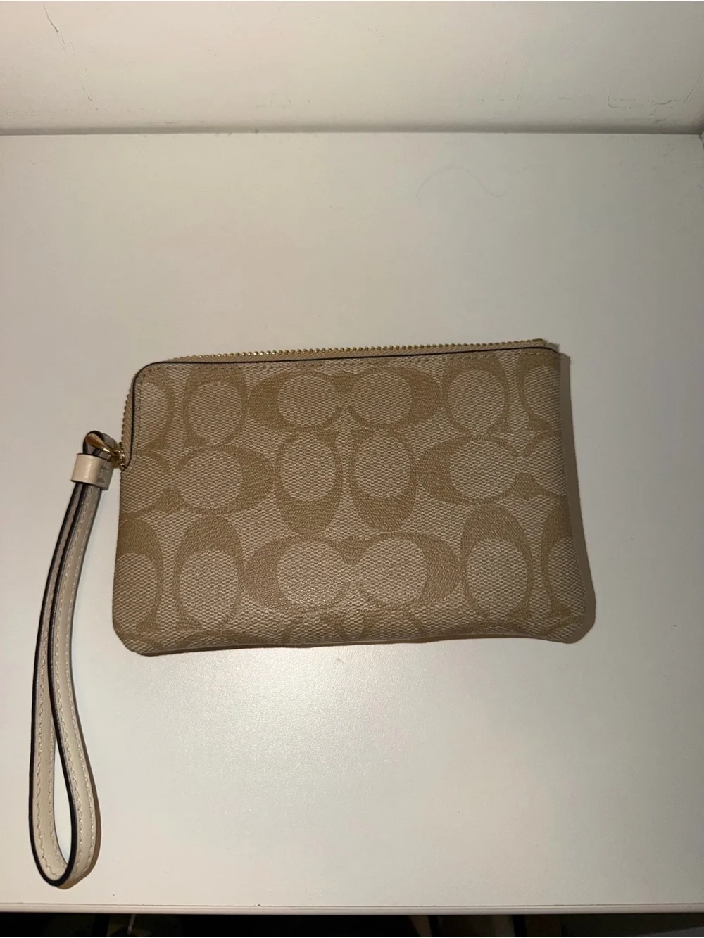 Coach Tan Signature Canvas Wristlet with Chalk Stripe